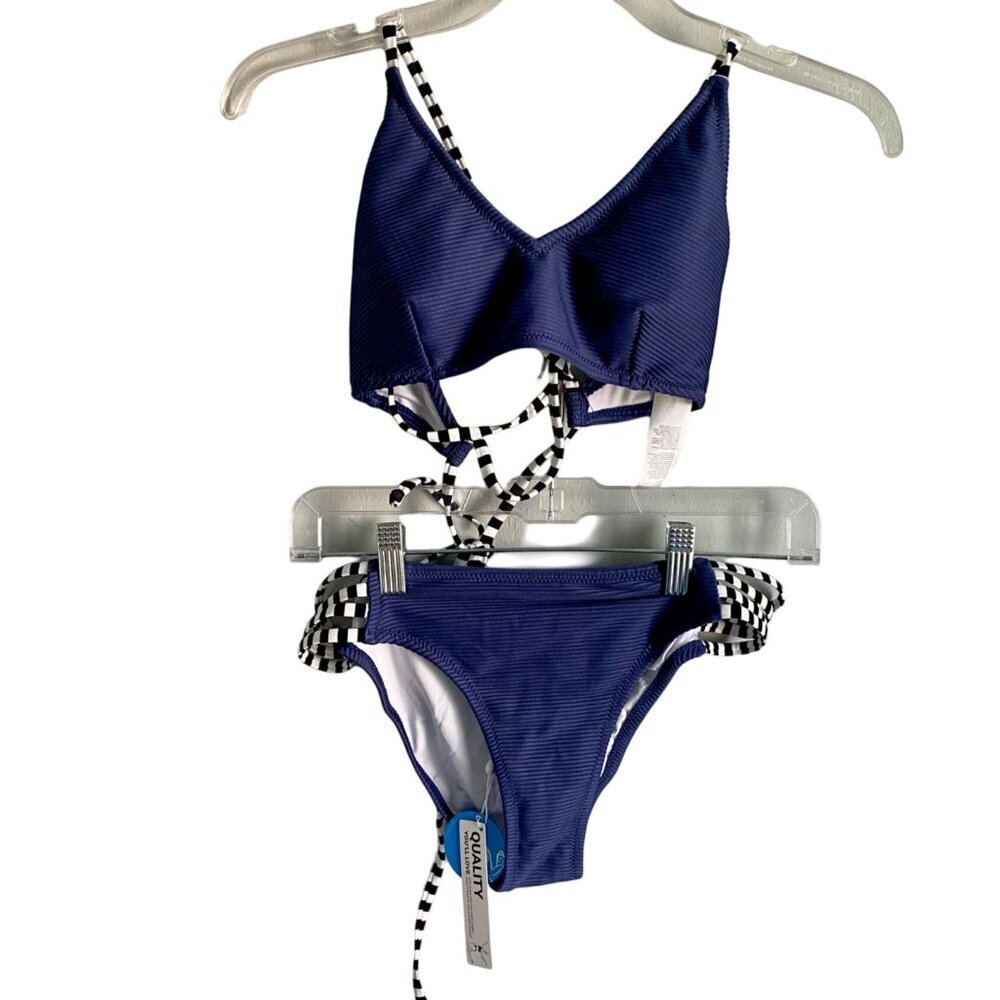 Cupshe Two Piece Blue Ribbed Strappy Low Waist Bikini Swim Suit Medium NEW NWT - Picture 2 of 12